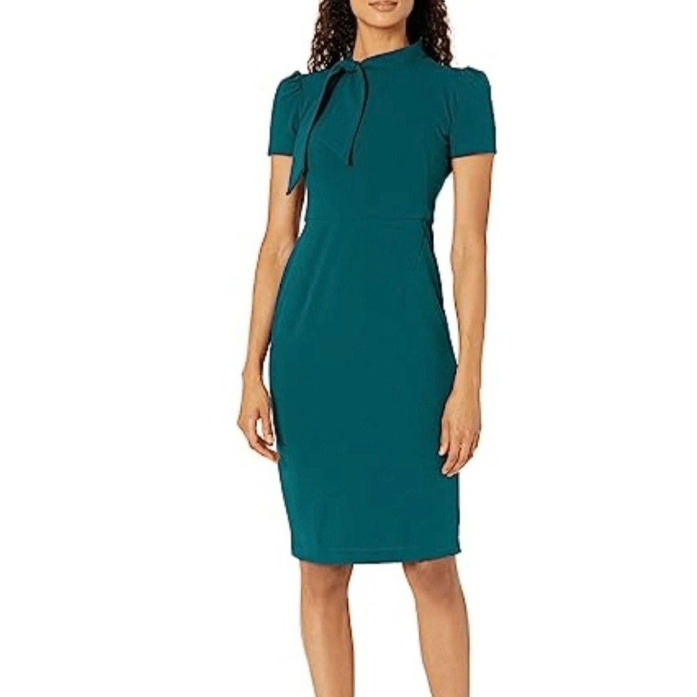 Maggy London Teal Blue Tie Mock Neck Puff Sleeve Sheath Dress Size 6